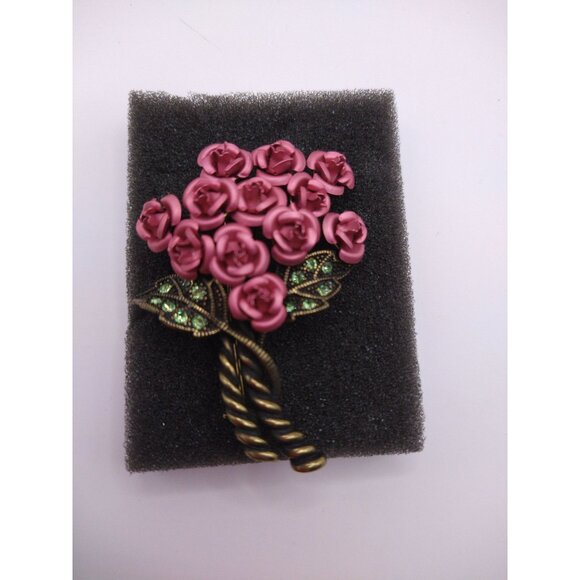 Vintage Avon Dozen Roses Bouquet Pin Brooch Pink Flowers Gold-Tone Green Leaf Ac - Picture 5 of 5